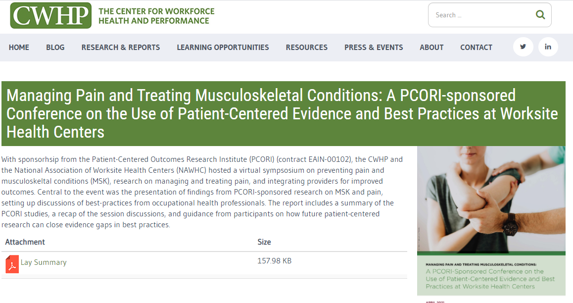 Managing Pain and Treating Musculoskeletal Conditions: A PCORI-Sponsored Conference on the Use of Patient-Centered Evidence and Best Practices at Worksite Health Centers