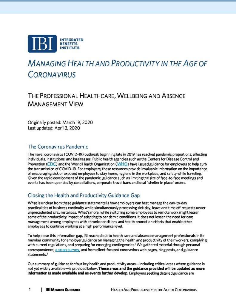 Managing Health and Productivity in the Age of Coronavirus: The Professional Healthcare, Wellbeing and Absence Management View